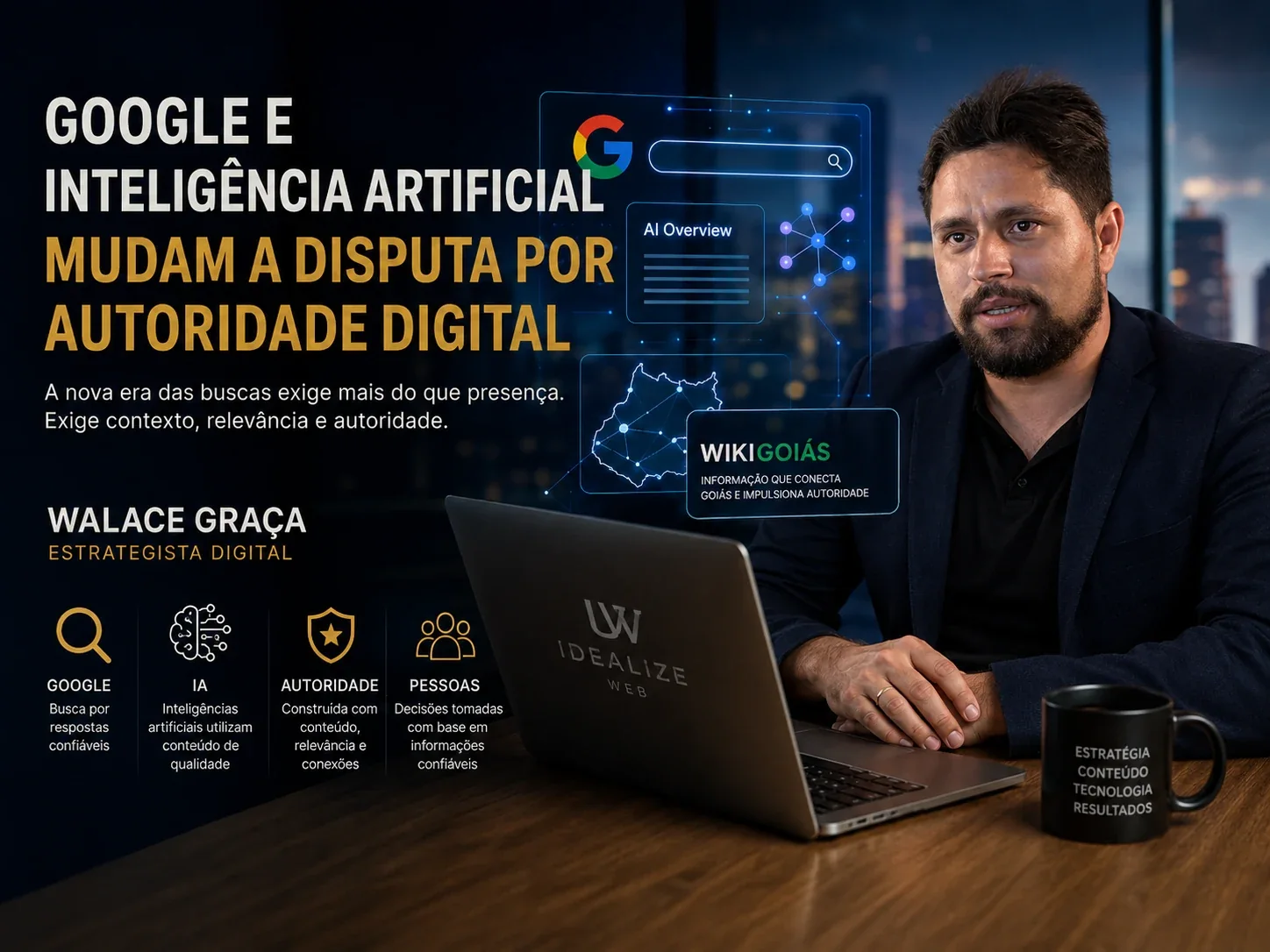 Walace Graça em arte editorial sobre Google, inteligência artificial e autoridade digital